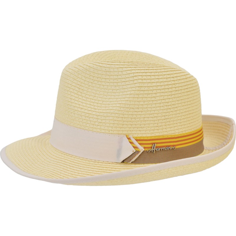 Wide-brimmed hat made of plain paper straw with a large two-tone grain