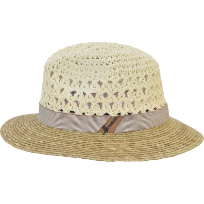Wide-brimmed hat with a crocheted paper straw crown and natural straw