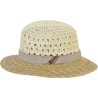 Wide-brimmed hat with a crocheted paper straw crown and natural straw