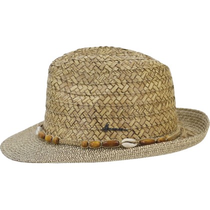 Wide-brimmed hat with a head made of burnt sunflower straw, a brim mad