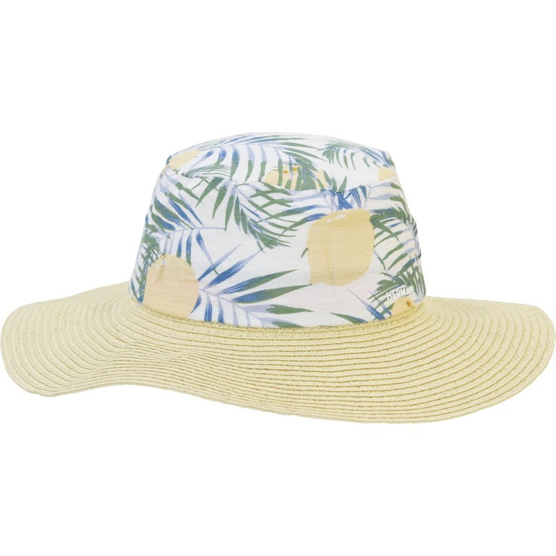 Wide-brimmed hat with a floral fabric crown and natural paper straw br