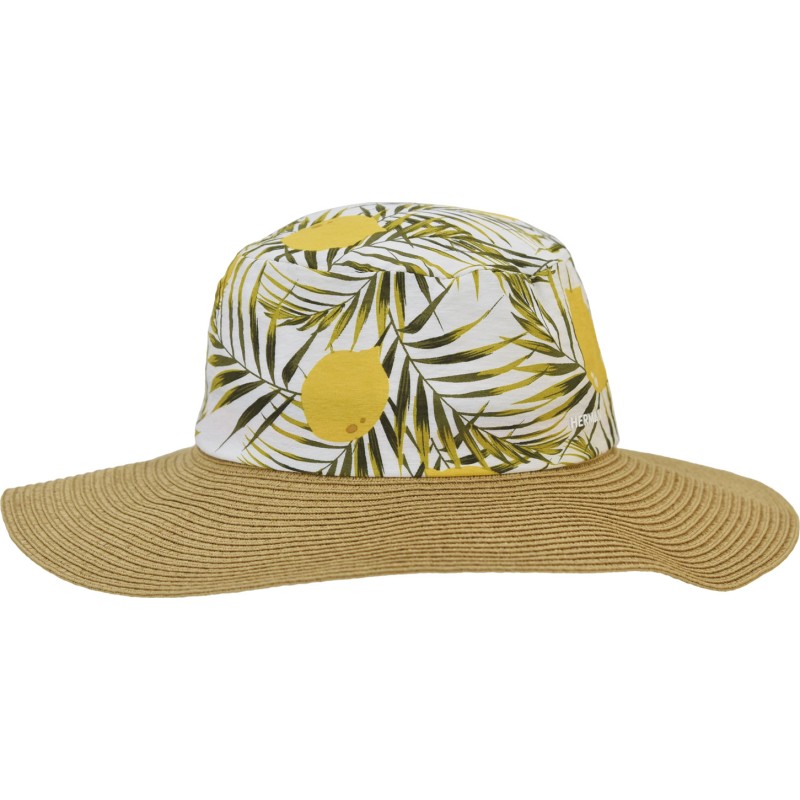 Wide-brimmed hat with a floral fabric crown and natural paper straw br