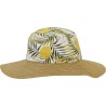 Wide-brimmed hat with a floral fabric crown and natural paper straw br