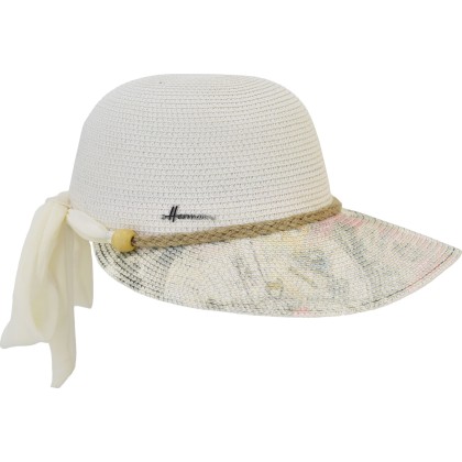 White straw cap with printed brim