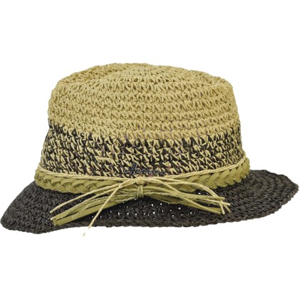 Small two-tone brim hat, made of crocheted paper straw with laces