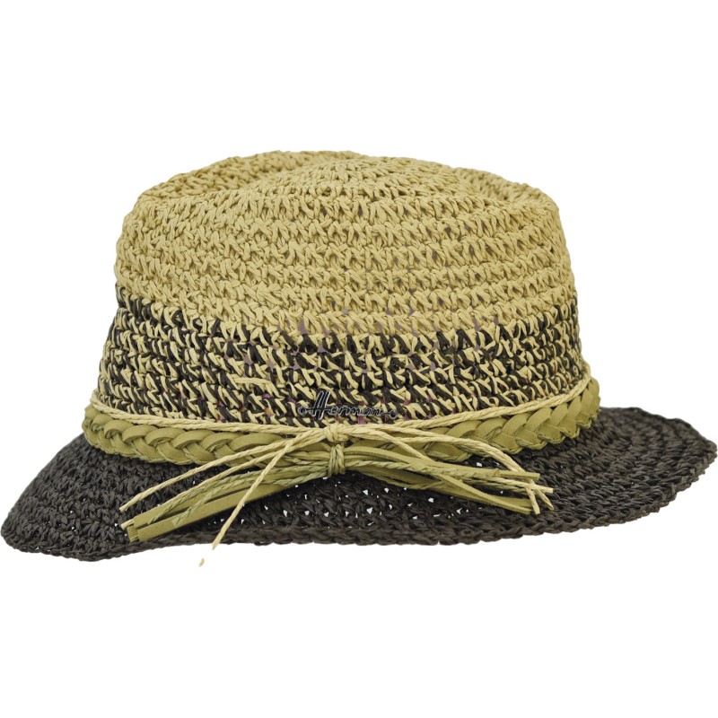Small two-tone brim hat, made of crocheted paper straw with laces