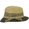 Small two-tone brim hat, made of crocheted paper straw with laces