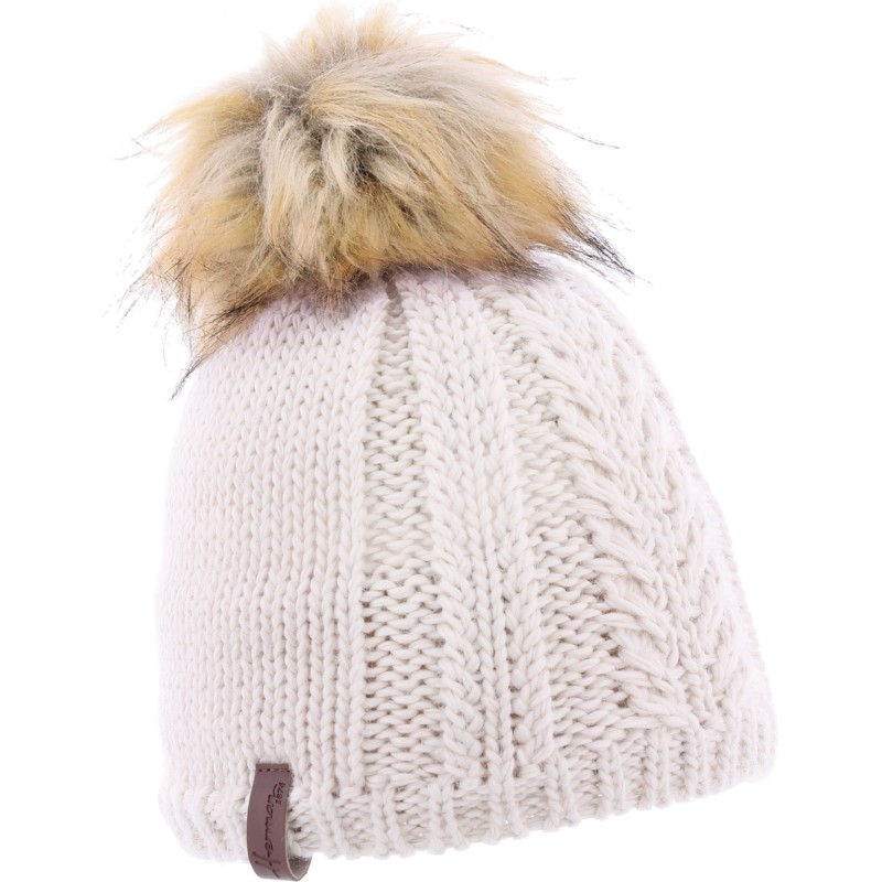 Plain color children hat with a natural faux fur pompom lined in ultra