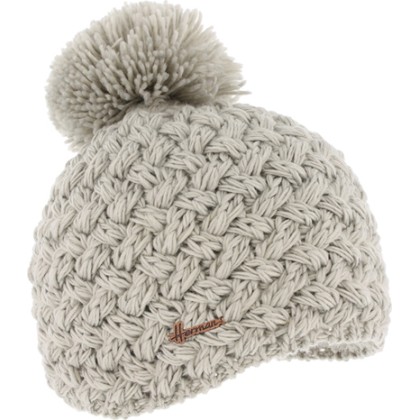 Plain cross-knit adult beanie with plush-lined pompom