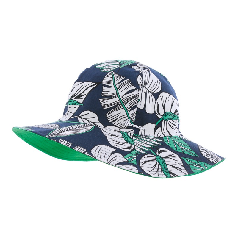 Printed hat.  Vegetal printed pattern. Big sun protection close to UPF