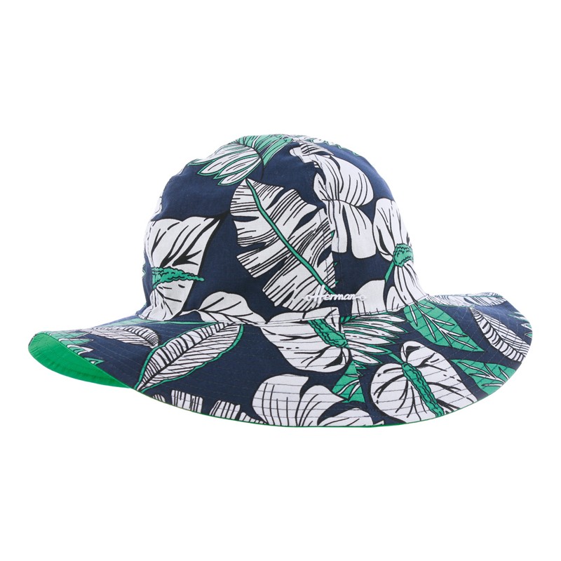 Printed hat.  Vegetal printed pattern. Big sun protection close to UPF