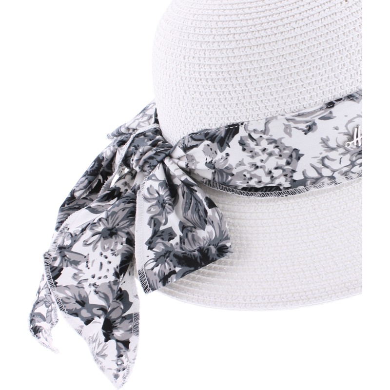 Capeline en paille papier cousue unie avec décoration foulard à motif