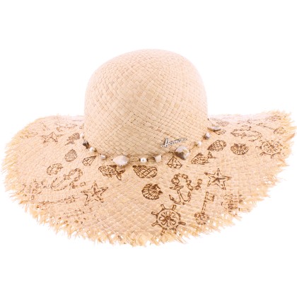 Floppy hat, in raffia straw, palmtrees or shells pattern hot-stamped o